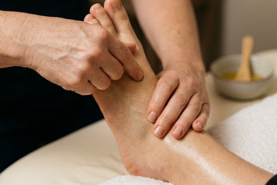 Hands pressing the top of a foot during a foot massage