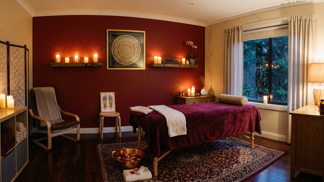 A massage table with a burgundy cover, a reflexology foot chart and candles in a treatment room
